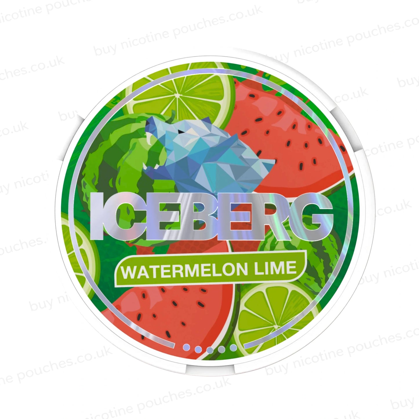 Nicotine pouch tub with red and green 'Iceberg Watermelon Lime' branding on a white background.