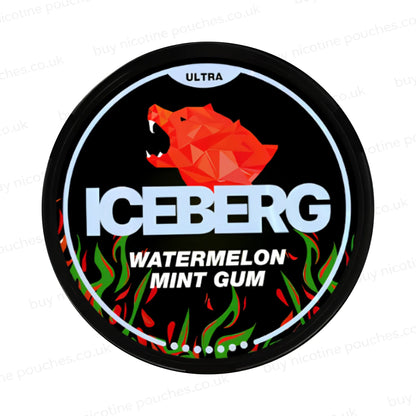 Nicotine pouch tub with red and green 'Iceberg Watermelon Mint Gum' branding on a white background.