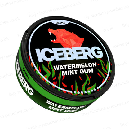 Angled shot of a nicotine pouch tub with red and green 'Iceberg Watermelon Mint Gum' branding on a white background.