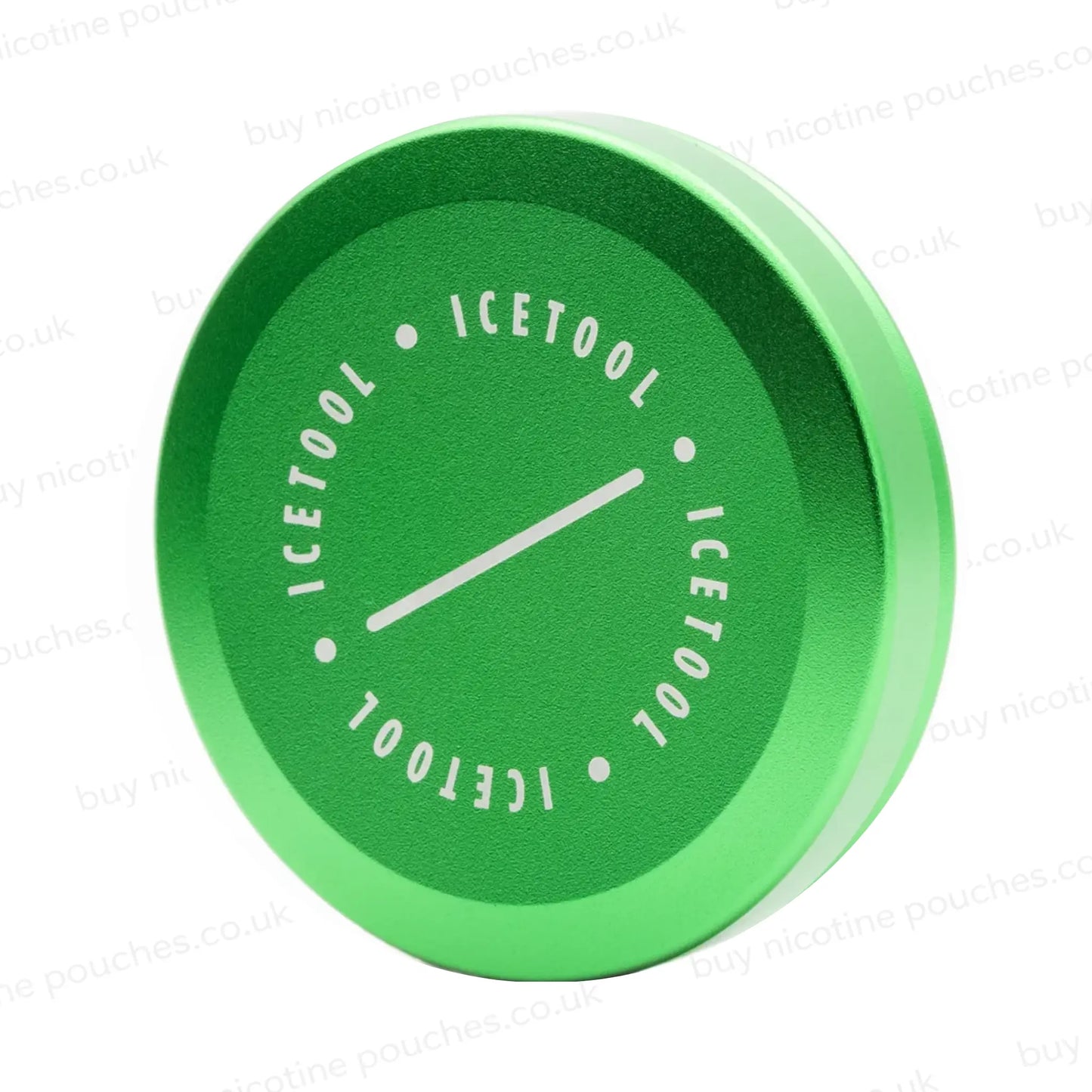 Angled shot of a green circular container with Icetool branding on a white background.