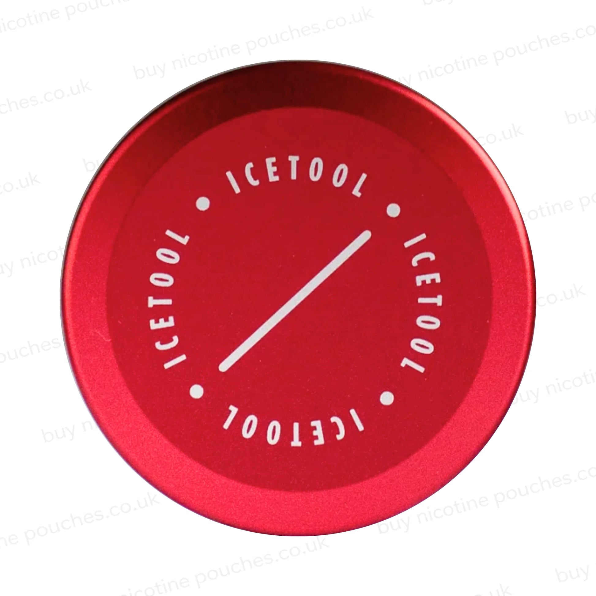 Red circular metallic container with Icetool branding on a white background.