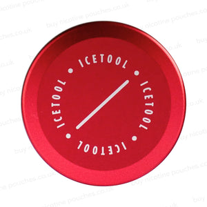 Red circular metallic container with Icetool branding on a white background.