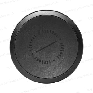Black circular leather container with Icetool branding on a white background.