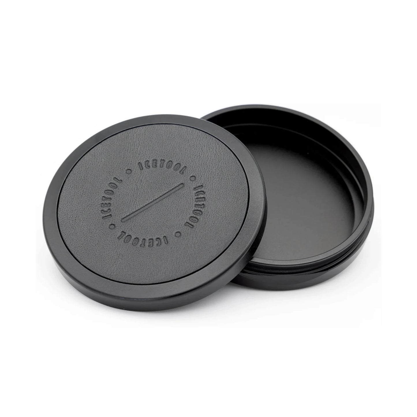 Open black circular leather container with Icetool branding on a white background.
