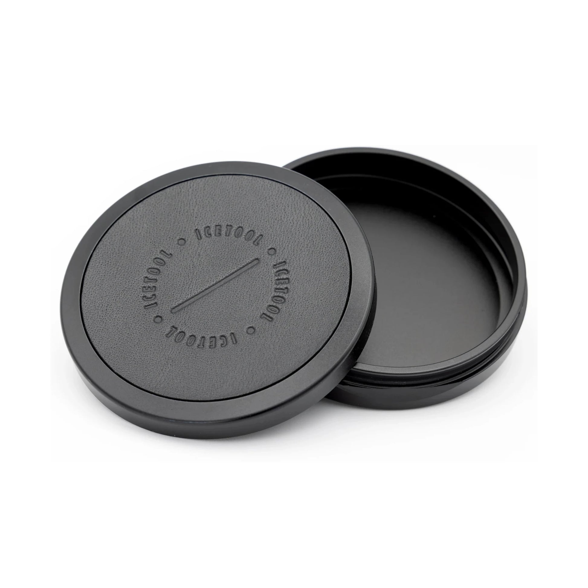 Open black circular leather container with Icetool branding on a white background.