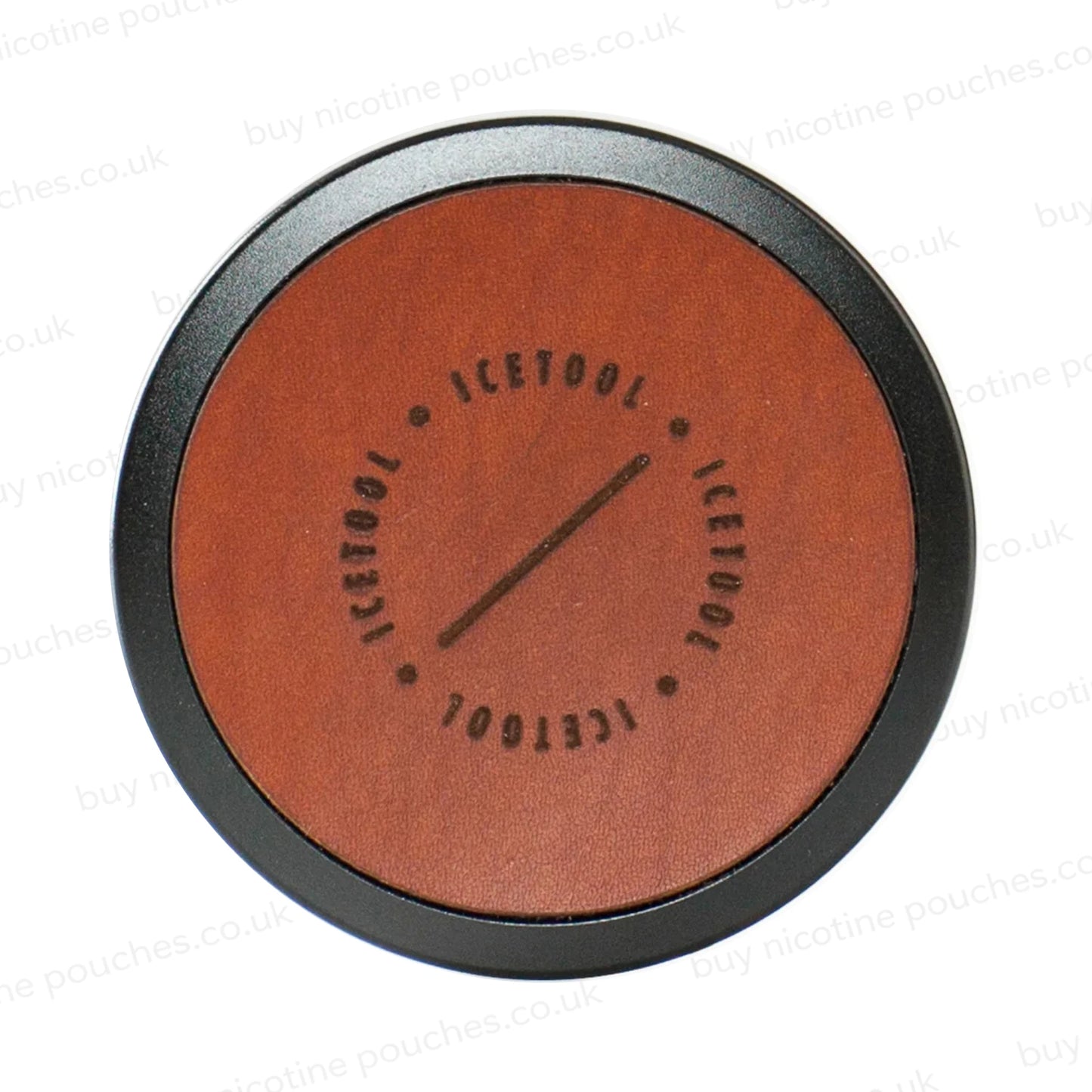 Circular metal and leather container with Icetool branding on a white background.