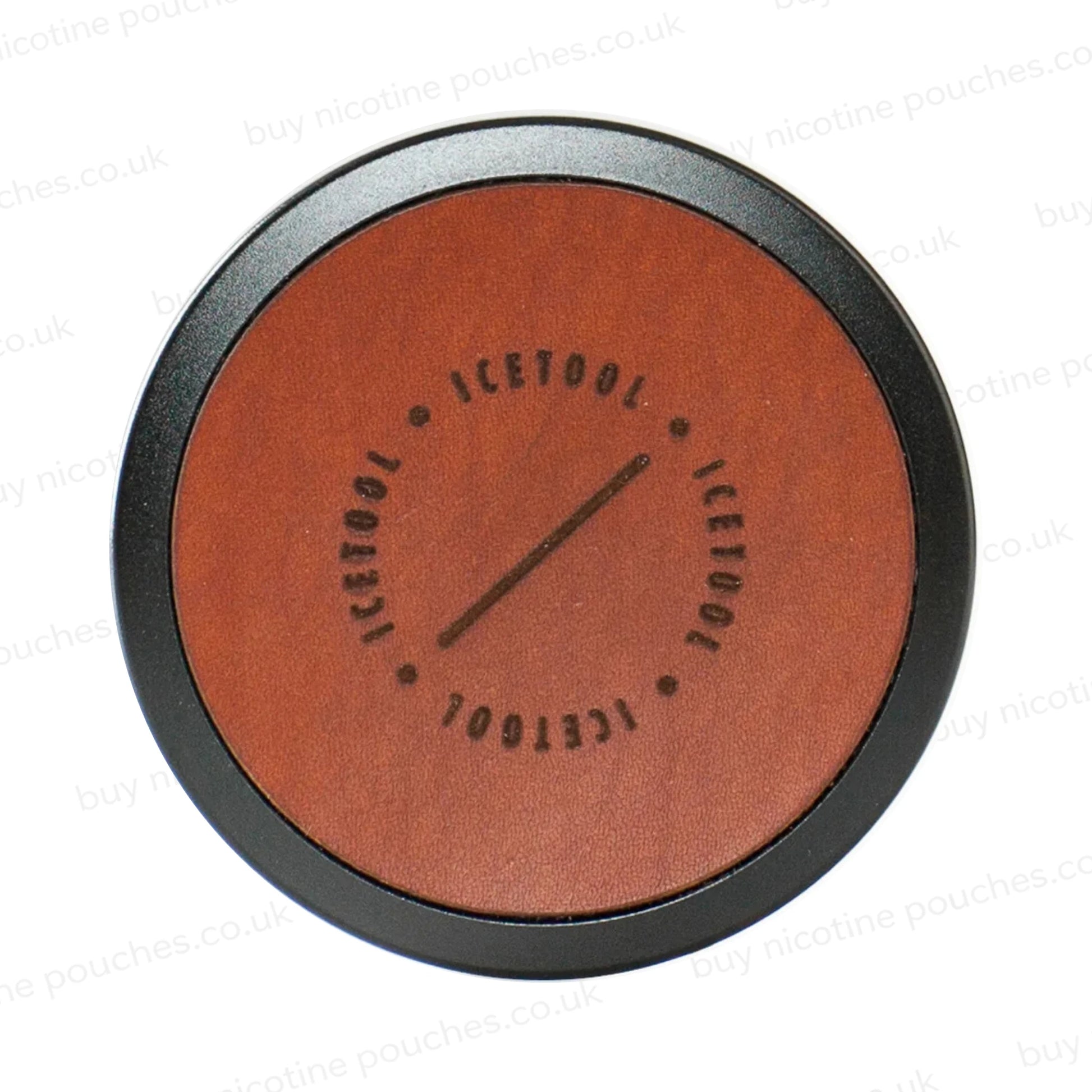 Circular metal and leather container with Icetool branding on a white background.