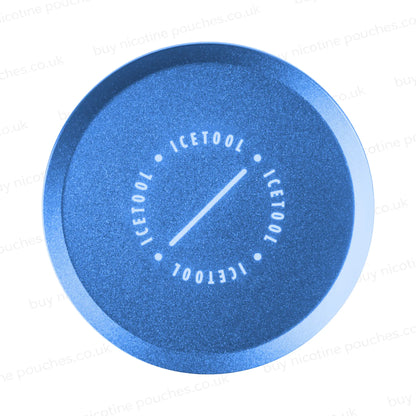 Blue circular metallic container with Icetool branding on a white background.