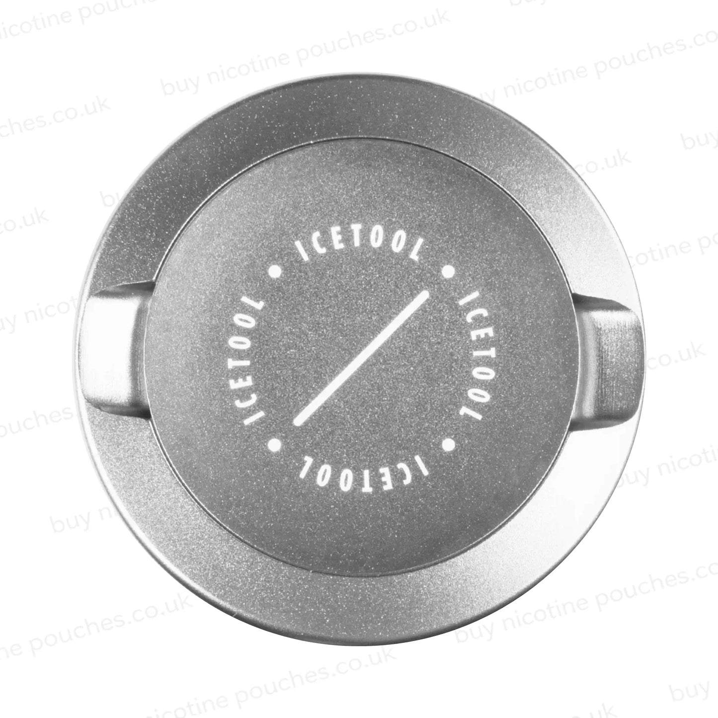 Metallic silver circular container with Icetool branding on a white background.