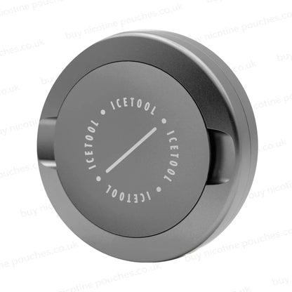 Angled shot of a round metallic container with Icetool branding on a white background.