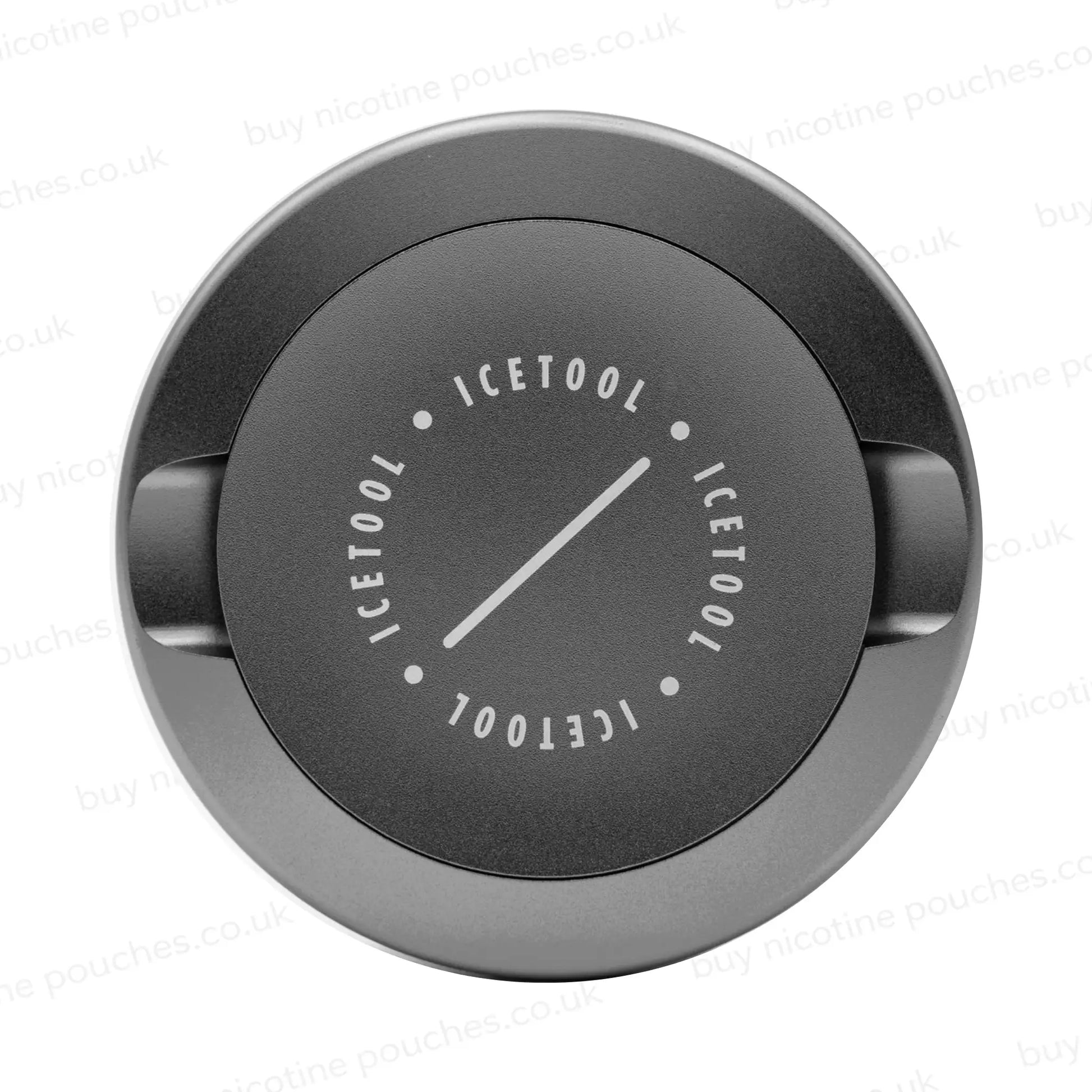 Metallic grey circular container with Icetool branding on a white background.
