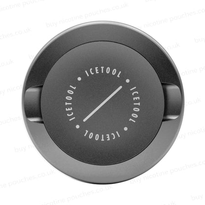 Metallic grey circular container with Icetool branding on a white background.