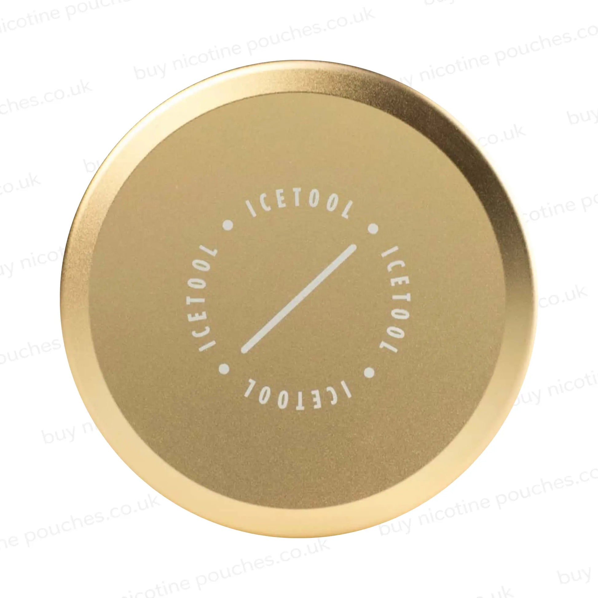 Gold coloured round metal container with Icetool branding.