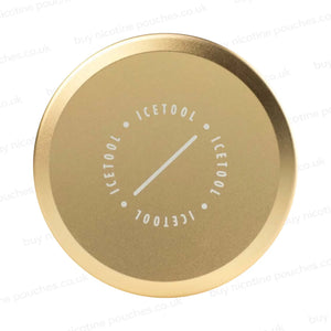 Gold coloured round metal container with Icetool branding.