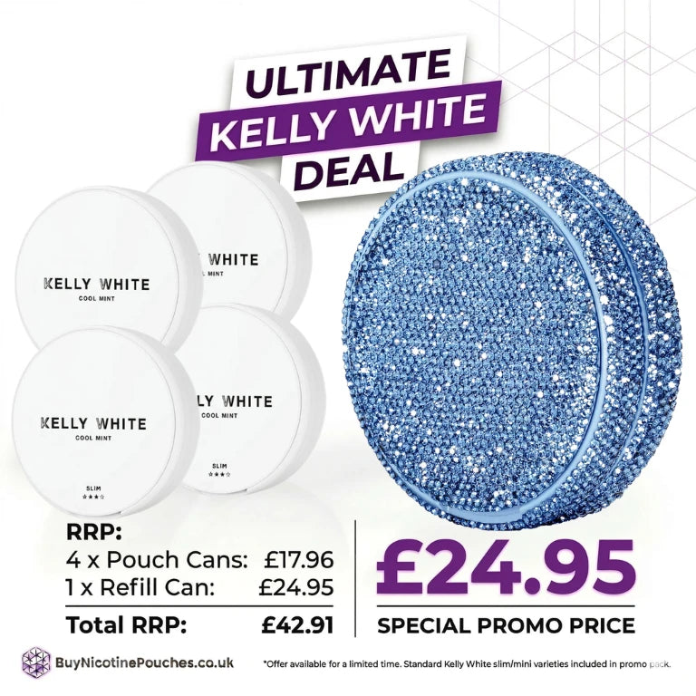 Promotional banner showing a bundle deal including four tubs of Kelly White Cool Mint and a Sky Kelly refillable pouch container.