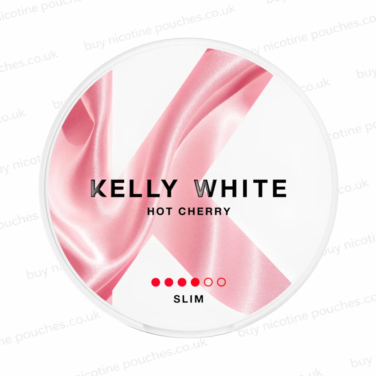 White nicotine pouch container with KELLY WHITE Hot Cherry text and pink letter 'K' with satin ribbon texture branding.