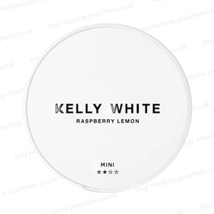 White nicotine pouch container with 'KELY WHITE RASPBERRY LEMON' 2-star branding on a white, watermarked background.