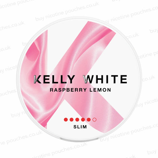 White nicotine pouch container with Kelly White Raspberry Lemon text and a pink K in the background.