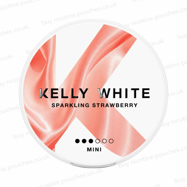 White nicotine pouch container with KELLY WHITE Sparkling Strawberry text and red letter 'K' branding.