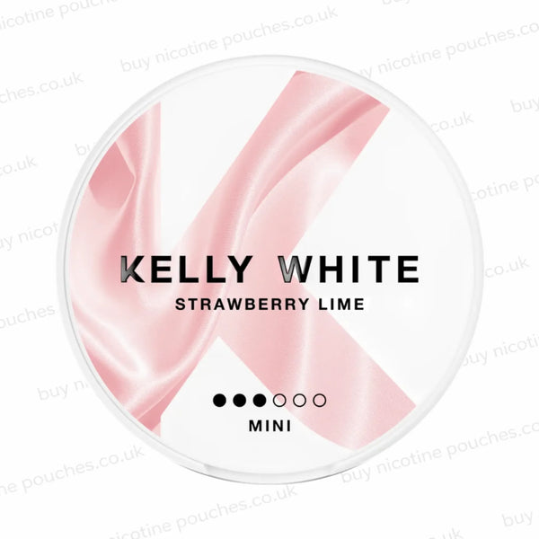 White nicotine pouch container with black KELLY WHITE Strawberry Lime text and large pink letter 'K' branding.
