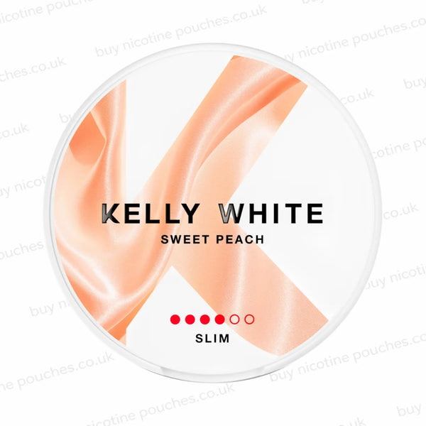 A round nicotine pouch container labeled KELLY WHITE SWEET PEACH SLIM, featuring a peach satin ribbon graphic on a white background with a clear outer rim.