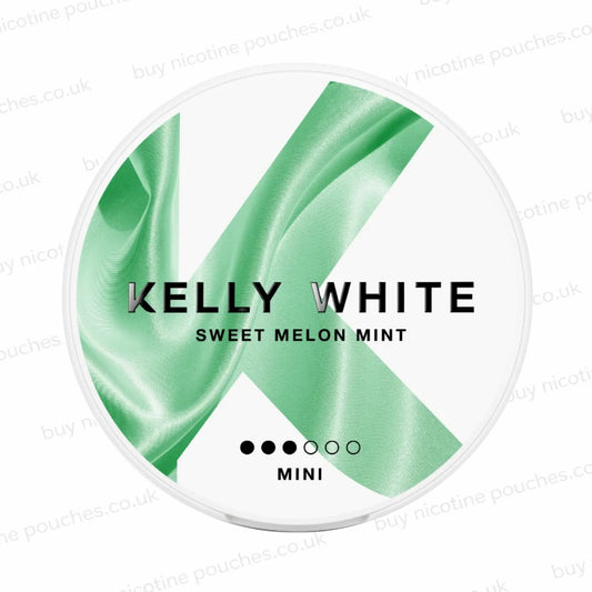 White nicotine pouch container with KELLY WHITE Sweet Melon Mint text and green 'K' branding.