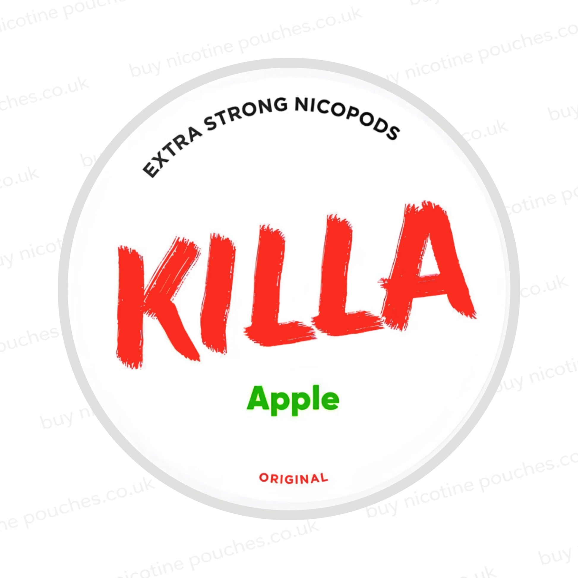 Nicotine pouch container with KILLA Apple branding on a white background.