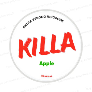 Nicotine pouch container with KILLA Apple branding on a white background.