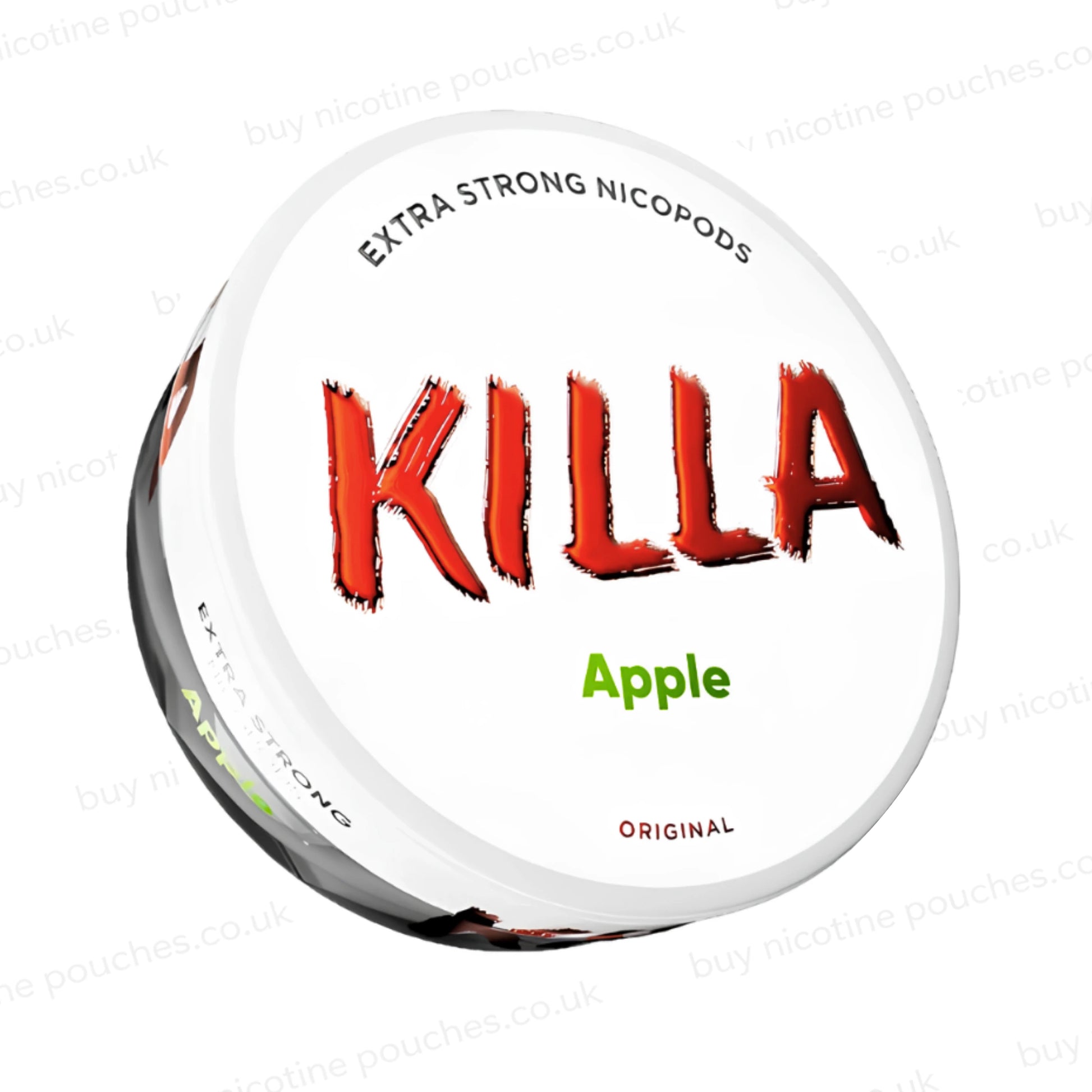 Angled shot of a nicotine pouch container with KILLA Apple branding on a white background.