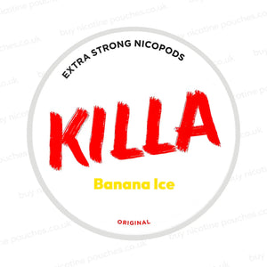 Nicotine pouch container with KILLA Banana Ice branding on a white background.