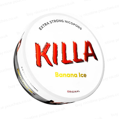 Angled shot of a nicotine pouch container with KILLA Banana Ice branding on a white background.