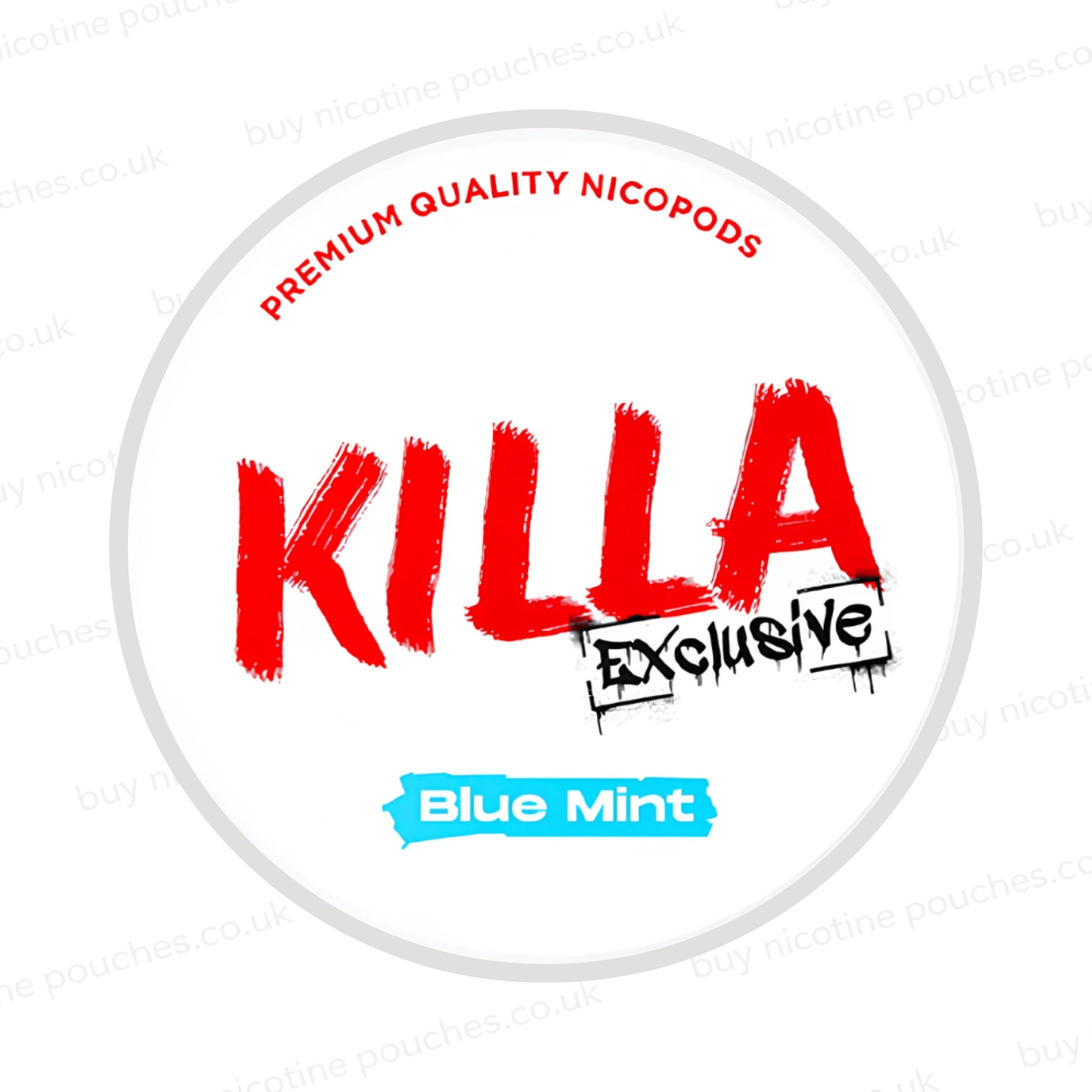 Nicotine pouch container with KILLA Exclusive Blue Mint branding on a white background.