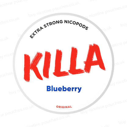 Nicotine pouch container with Killa Blueberry branding on a white background.