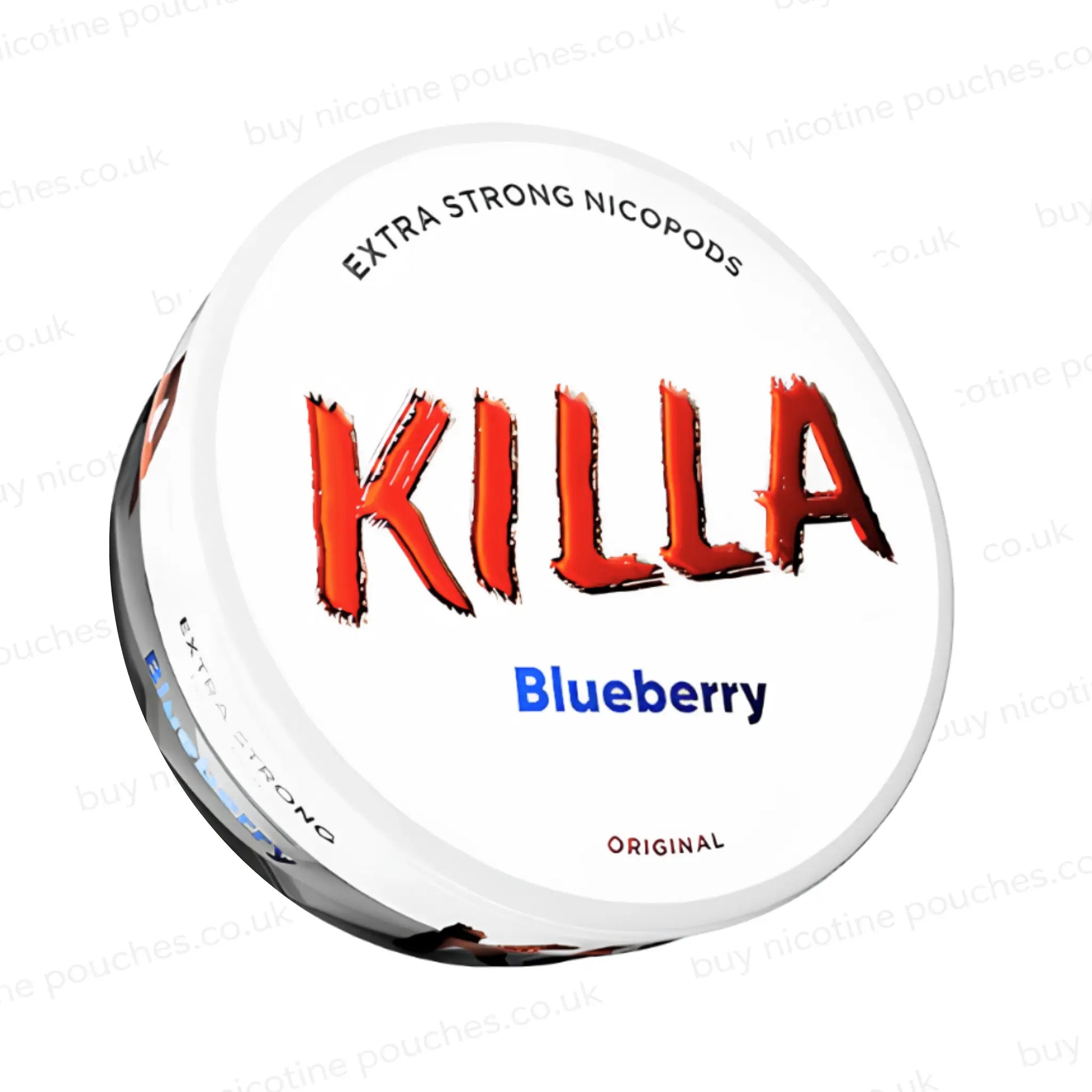 Angled shot of a nicotine pouch container with Killa Blueberry branding on a white background.