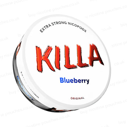 Angled shot of a nicotine pouch container with Killa Blueberry branding on a white background.