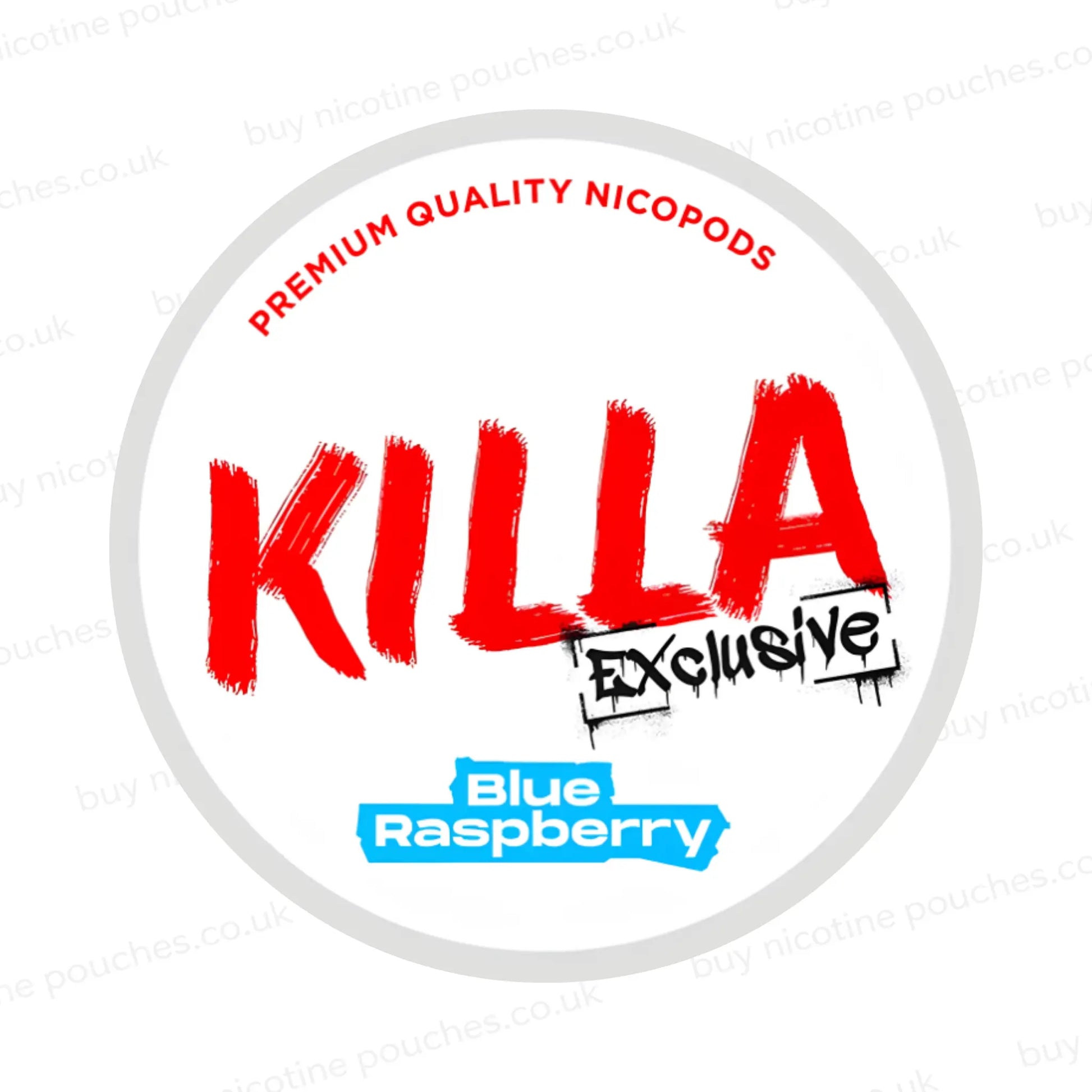 Nicotine pouch container with Killa Blue Raspberry branding on a white background.
