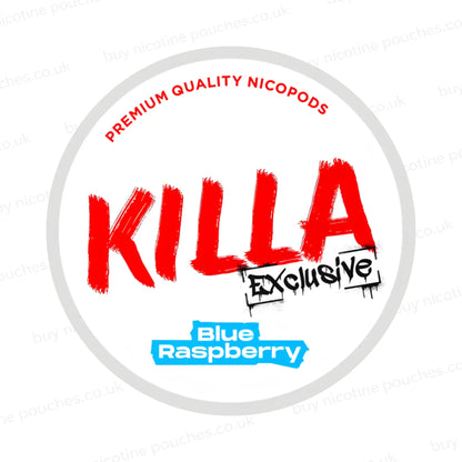 Nicotine pouch container with Killa Blue Raspberry branding on a white background.