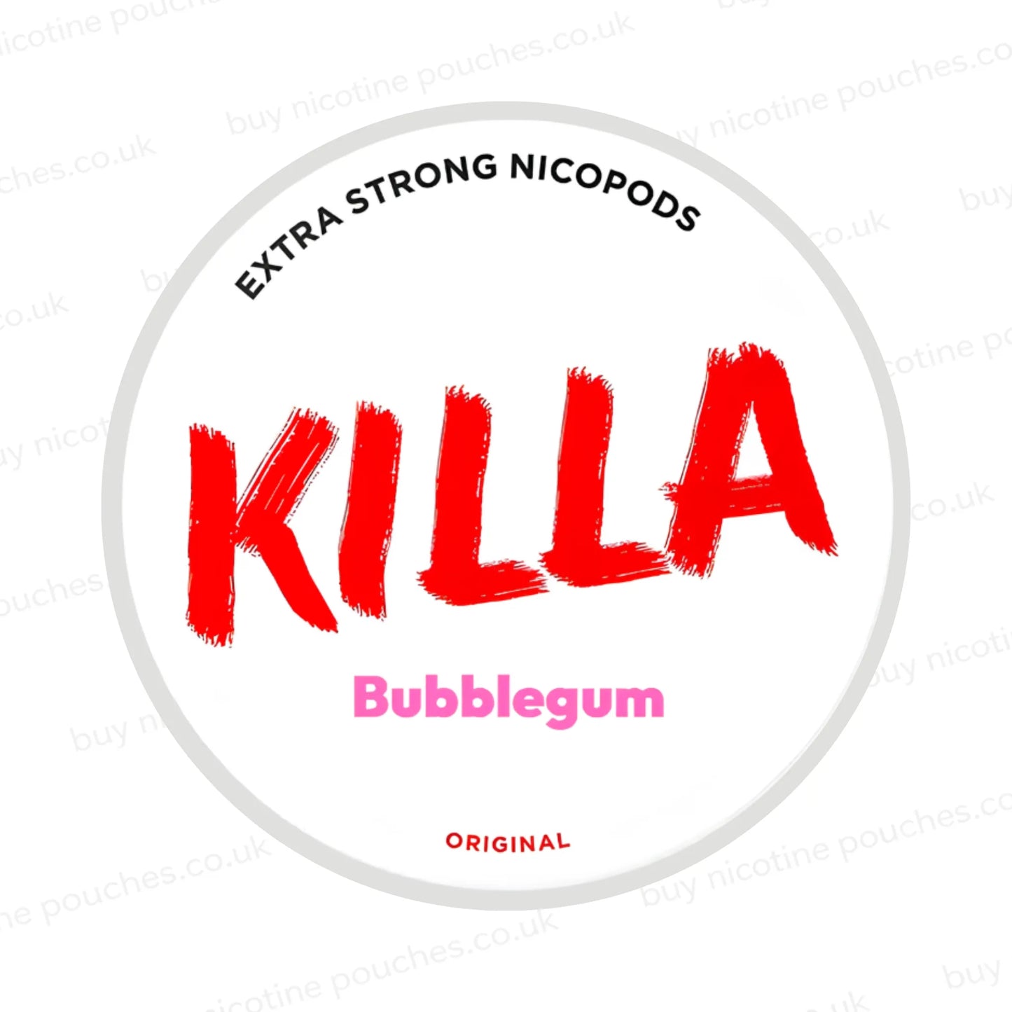 Nicotine pouch container with KILLA Bubblegum branding on a white background.
