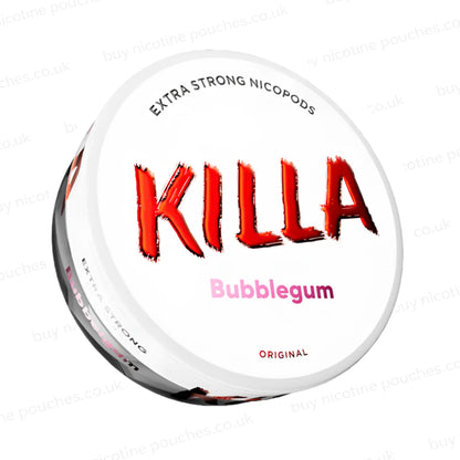 Angle shot of a nicotine pouch container with KILLA Bubblegum branding on a white background.