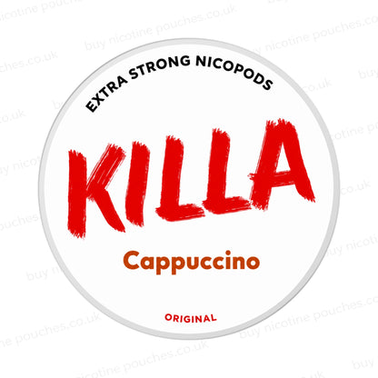 Nicotine pouch container with KILLA Cappuccino branding on a white background
