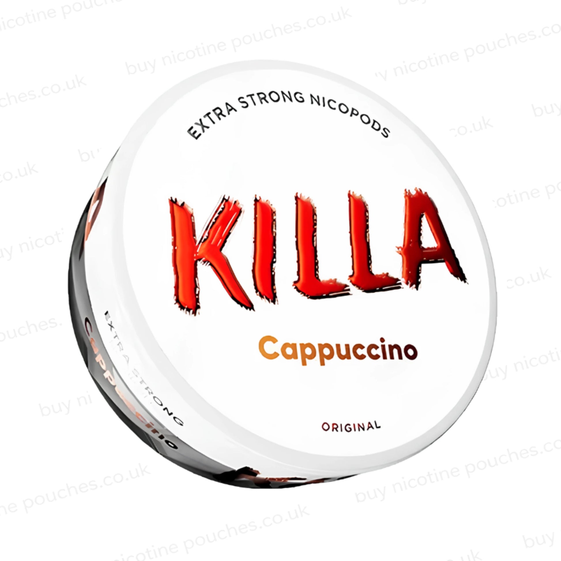 Angled shot of a nicotine pouch container with KILLA Cappuccino branding on a white background