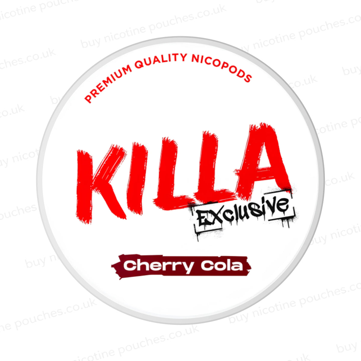 Nicotine pouch container with KILLA Exclusive Cherry Cola branding on a white background.