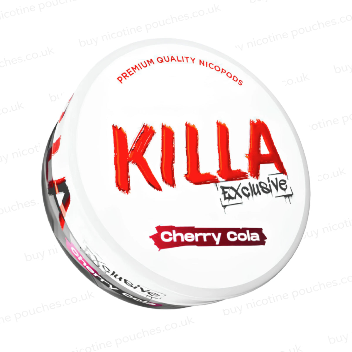 Angled shot of a nicotine pouch container with KILLA Exclusive Cherry Cola branding on a white background.