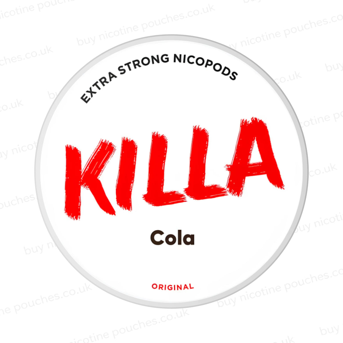 Nicotine pouch container with KILLA Cola branding on a white background.