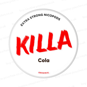 Nicotine pouch container with KILLA Cola branding on a white background.