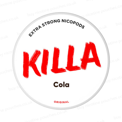 Nicotine pouch container with KILLA Cola branding on a white background.