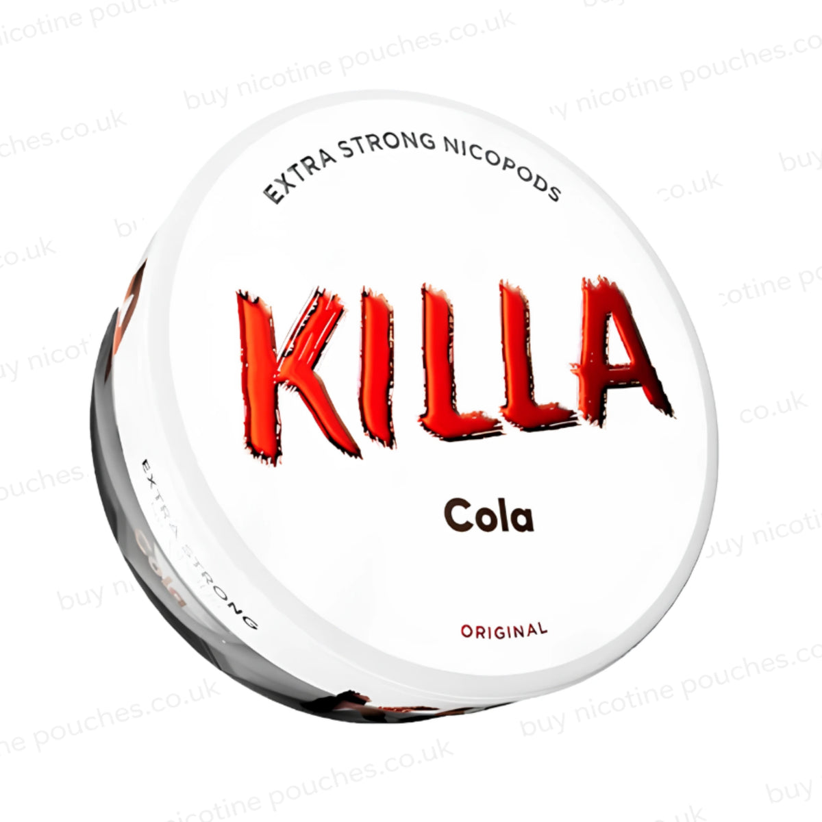 Angled shot of a nicotine pouch container with KILLA Cola branding on a white background.