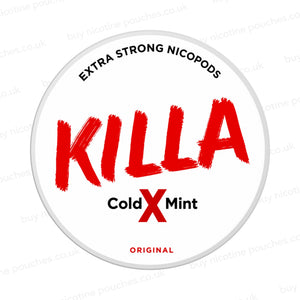 Nicotine pouch container with KILLA Cold X Mint branding on a white background.