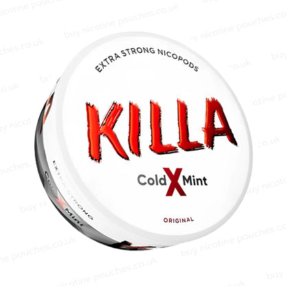 Angled shot of a nicotine pouch container with KILLA Cold X Mint branding on a white background.
