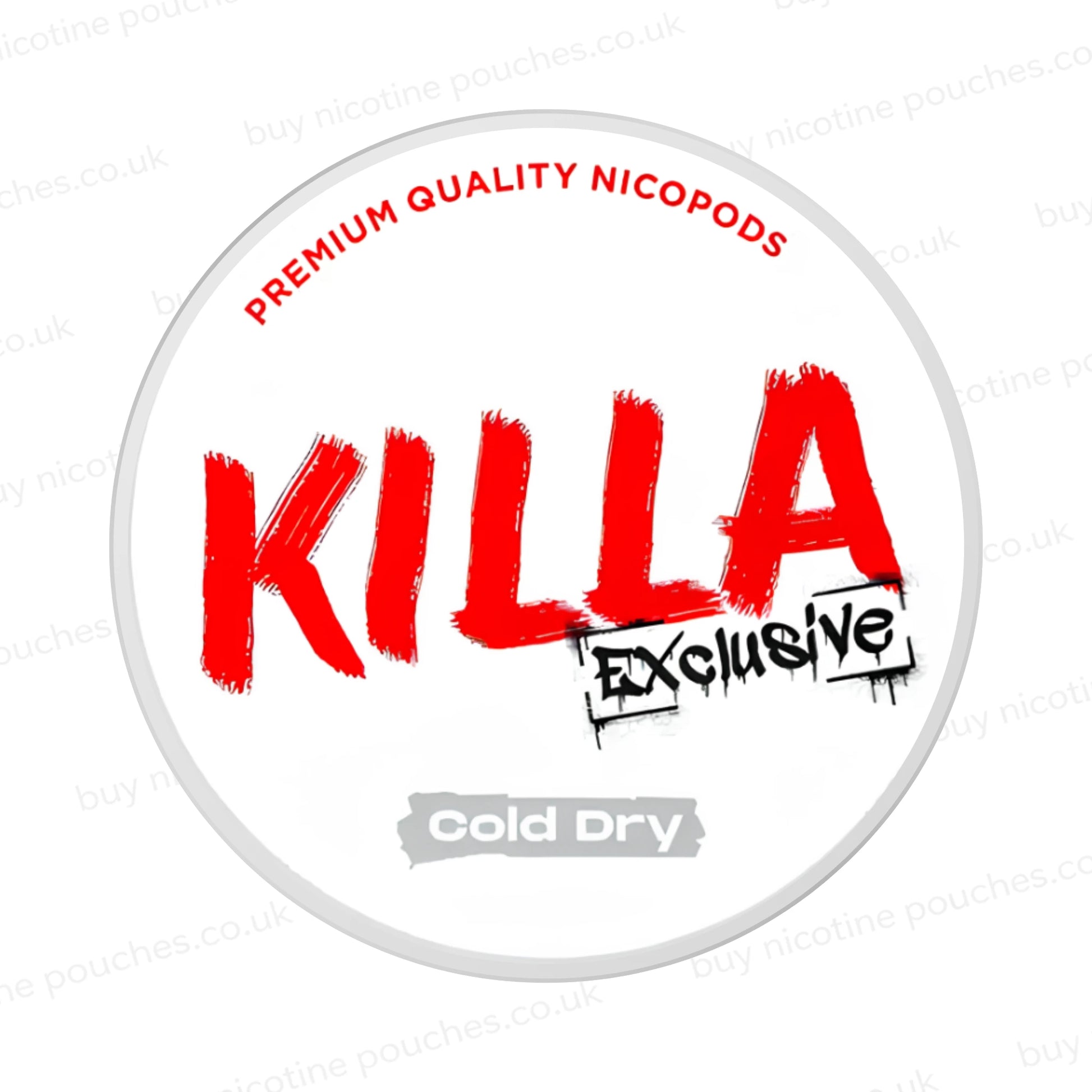 Nicotine pouch container with KILLA Exclusive Cold Dry branding on a white background.